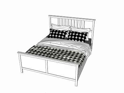 Simple Double Bed with Wooden Headboard Plaid Pillows and Checkered Bedspread 3d model