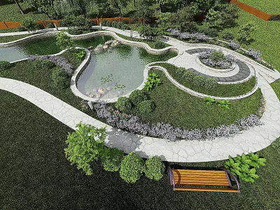 Scenic Park Landscape With Winding Pathways Pond Bench And Lush Greenery 3d model