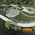 Scenic Park Landscape With Winding Pathways Pond Bench And Lush Greenery