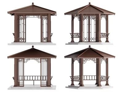 Traditional Chinese Brown Pavilions With Diverse Roof Railing And Pillar Designs 3d model
