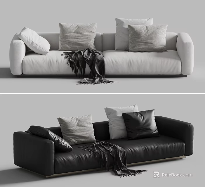 White and Black Two-Seater Sofa with Pillows and Blanket Living Room Interior Design 3d model 