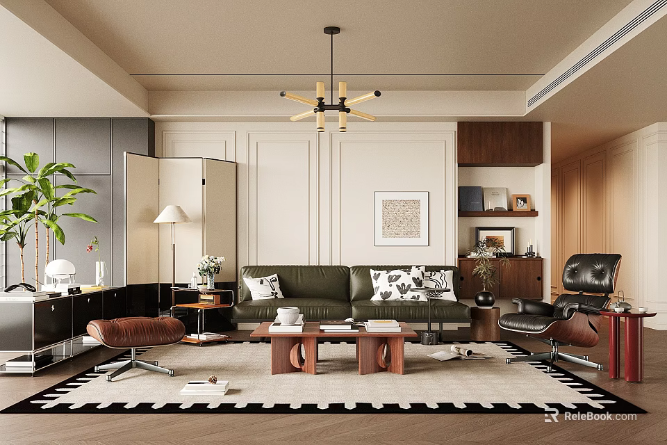 Modern Living Room Interior With Green Sofa Black White Cushions Wooden Coffee Table And Chandelier 3d model 