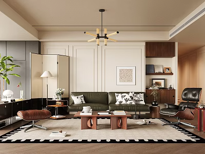 Modern Living Room Interior With Green Sofa Black White Cushions Wooden Coffee Table And Chandelier 3d model