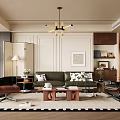 Modern Living Room Interior With Green Sofa Black White Cushions Wooden Coffee Table And Chandelier