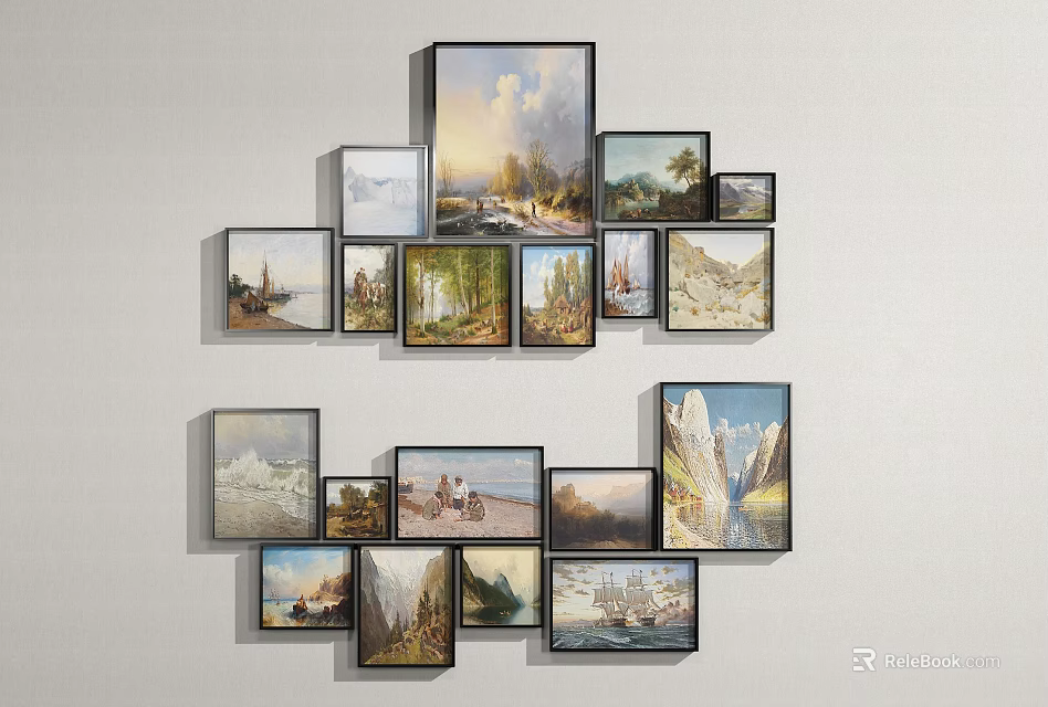 Gallery Wall With Multiple Various Styles Sizes Oil Paintings Including Landscapes And Architecture 3d model 