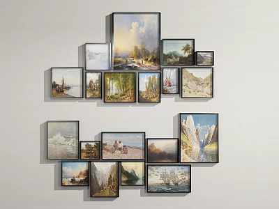 Gallery Wall With Multiple Various Styles Sizes Oil Paintings Including Landscapes And Architecture 3d model
