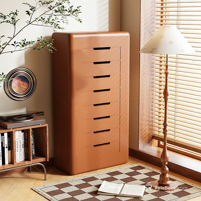 Brown Storage Cabinet in Room with Bookcase Floor Lamp Plant and Decorative Painting 3d model 