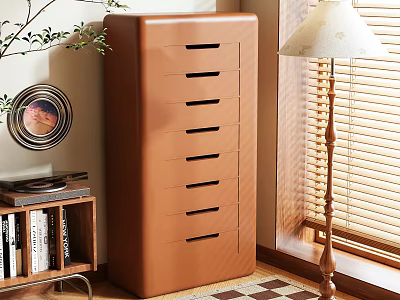Brown Storage Cabinet in Room with Bookcase Floor Lamp Plant and Decorative Painting 3d model