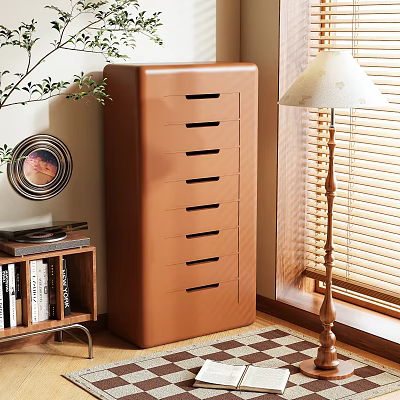 Brown Storage Cabinet in Room with Bookcase Floor Lamp Plant and Decorative Painting 3d model