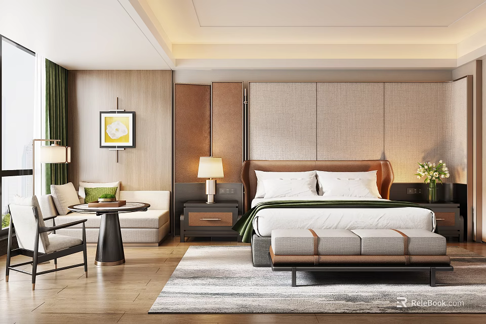Modern Hotel Guest Room Interior With King Bed Sofa Area Rug And Decorative Painting 3d model 