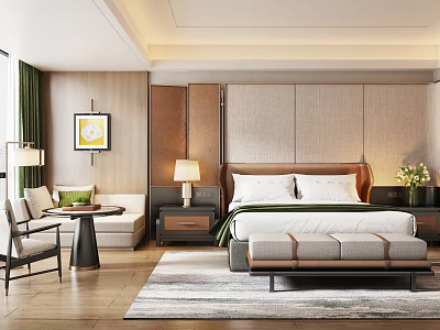 Modern Hotel Guest Room Interior With King Bed Sofa Area Rug And Decorative Painting 3d model