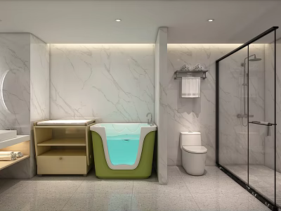 Modern Bathroom With Marble Walls Green Bathtub White Toilet And Glass Shower Enclosure 3d model