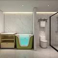 Modern Bathroom With Marble Walls Green Bathtub White Toilet And Glass Shower Enclosure