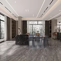 Spacious Living and Dining Room With Marble Wall Floor to Ceiling Windows and Modern Furniture