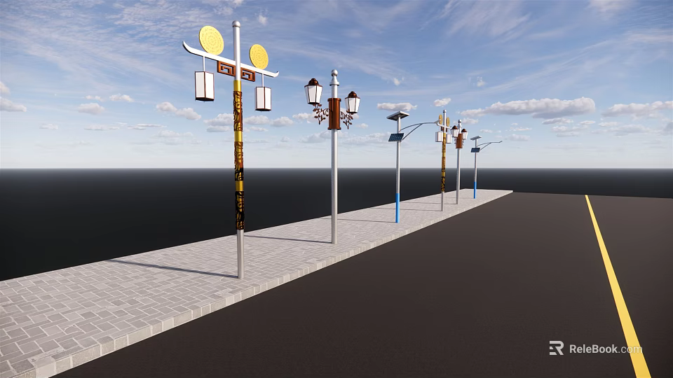 Various Styles Outdoor Lights Along Sidewalk Under Blue Sky Open View 3d model 