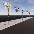 Various Styles Outdoor Lights Along Sidewalk Under Blue Sky Open View