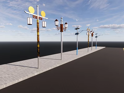 Various Styles Outdoor Lights Along Sidewalk Under Blue Sky Open View 3d model