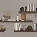 Wooden Wall Shelves with Books Vases and Decorative Items in Minimalist Room Setting