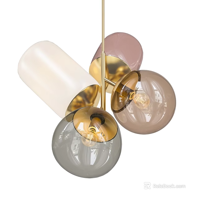 Contemporary Chandelier With White Pink Gray Glass Shades And Golden Metal Accents 3d model 