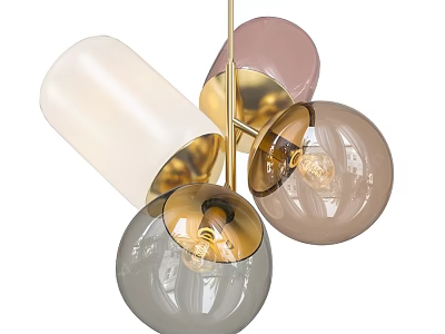 Contemporary Chandelier With White Pink Gray Glass Shades And Golden Metal Accents 3d model