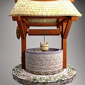 Traditional Well With Wooden Roof Frame Water Wheel Stone Well Circle And Wooden Buckets