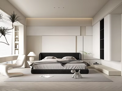 Modern Bedroom Interior With Black Headboard Bed Linen Bedding Window Blinds And Minimalist Decor 3d model