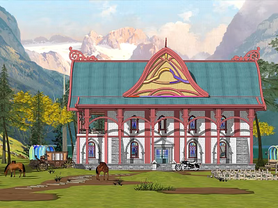 Detached Villa with Green Roof and Red Ornaments on Lawn with Mountain Backdrop and Animals 3d model