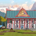Detached Villa with Green Roof and Red Ornaments on Lawn with Mountain Backdrop and Animals