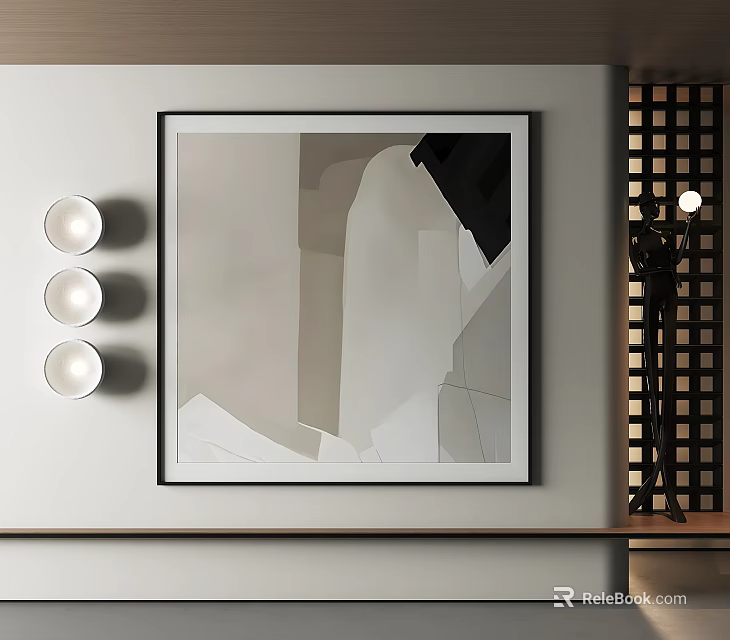 Abstract Painting Hanging On Wall Black Frame Neutral Tones Geometric Shapes And Three Round Lights 3d model 
