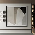 Abstract Painting Hanging On Wall Black Frame Neutral Tones Geometric Shapes And Three Round Lights