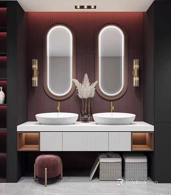 Modern Elegant Bathroom Vanity With Double Sinks Round Mirrors And Golden Fixtures 3d model 