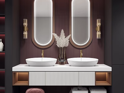 Modern Elegant Bathroom Vanity With Double Sinks Round Mirrors And Golden Fixtures 3d model