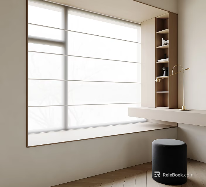 Modern Bay Window Interior Design With Sheer Curtains Wooden Shelves And Black Stool 3d model 