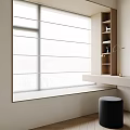 Modern Bay Window Interior Design With Sheer Curtains Wooden Shelves And Black Stool