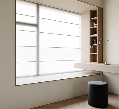 Modern Bay Window Interior Design With Sheer Curtains Wooden Shelves And Black Stool 3d model