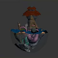 3D Crystal Sphere Model Scene With Red Tower Green Land Blue Water And Small Boat