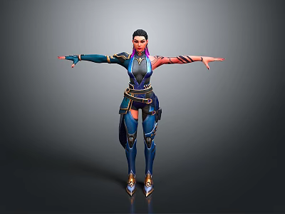 3D Female Character With Blue Outfit Purple Pink Hair And Tattoo In Open Arms Pose 3d model