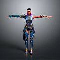 3D Female Character With Blue Outfit Purple Pink Hair And Tattoo In Open Arms Pose