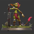 Green Skinned Pink Haired Pointed Ears Fantasy Character Standing Holding Sword With Tail on Grass Stone Base