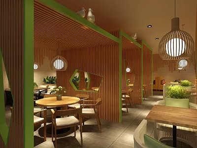 Modern Restaurant Interior With Wooden Partitions Green Accents Pendant Lights And Round Tables 3d model