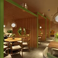 Modern Restaurant Interior With Wooden Partitions Green Accents Pendant Lights And Round Tables