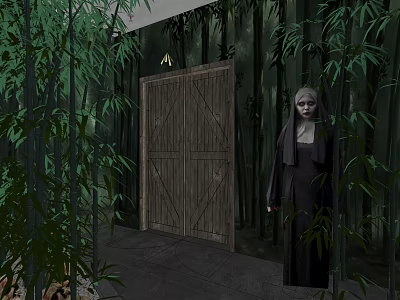 Mysterious Black Robed Figure Near Wooden Gate In Bamboo Forest With Dark Ambience 3d model