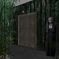 Mysterious Black Robed Figure Near Wooden Gate In Bamboo Forest With Dark Ambience