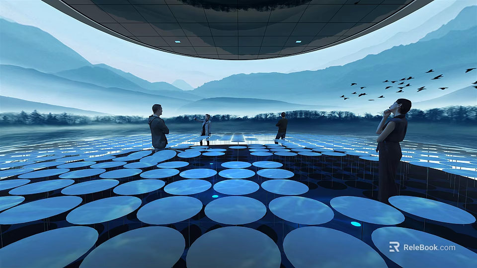 Futuristic Open Space With Circular Platforms People Mountain View And Flying Vehicles 3d model 
