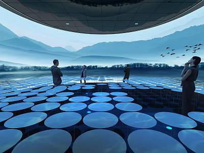 Futuristic Open Space With Circular Platforms People Mountain View And Flying Vehicles 3d model