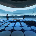 Futuristic Open Space With Circular Platforms People Mountain View And Flying Vehicles