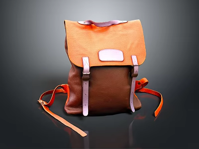 Stylish Orange And Brown Leather Backpack With Adjustable Straps And Front Pocket 3d model