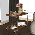 Elegant Wooden Trolley With Pink Flowers White Vase And Tea Set In Living Room