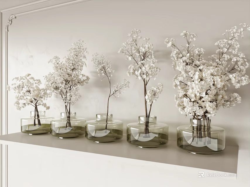 Five Transparent Glass Vases With White Flowers On White Shelf Light Background 3d model 