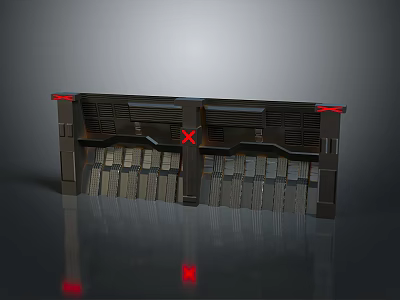 Futuristic Metal Barrier Structure With Red Accents X Mark And Grille Design 3d model